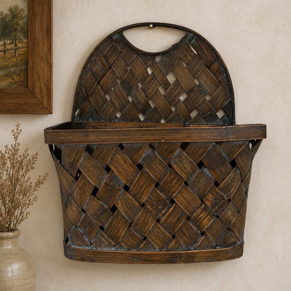 Vintage Handwoven Hanging Wall Basket Wood Splint Primitive Rustic Wall Pocket